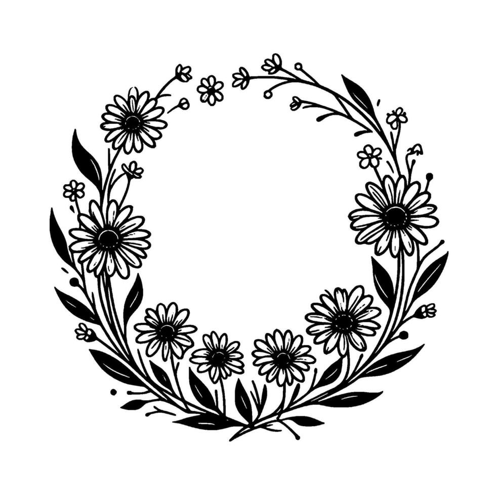 Black and white floral wreath delicate daisy and leaf forming a circle on a plain white background. vector