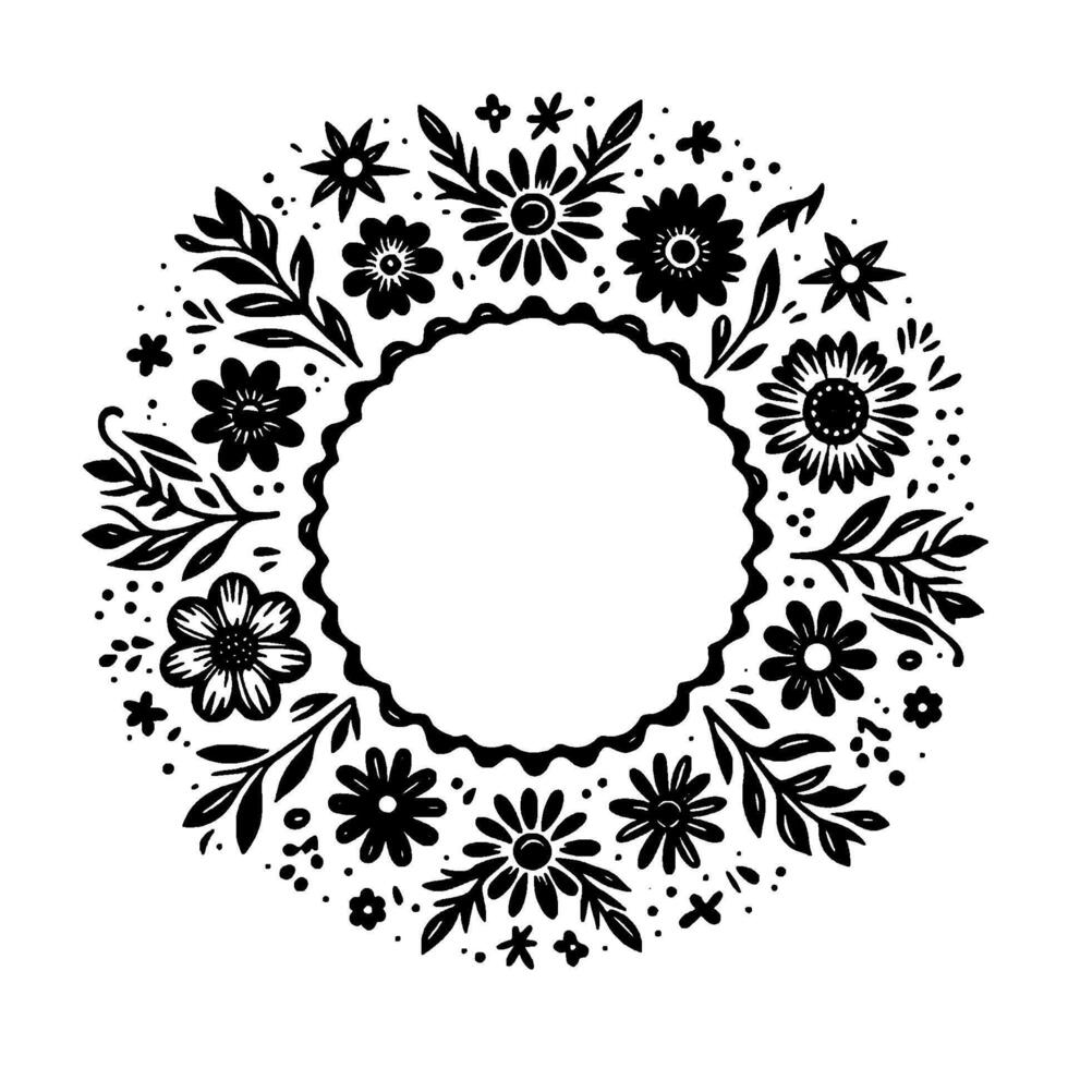 Intricate floral circle frame in black and white, featuring various flowers, leaves, and a central empty space for text or elements. vector