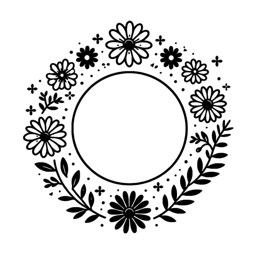 Simple black and white floral wreath with a central blank circle, surrounded by leaves, dots, and stylized flower blooms. vector