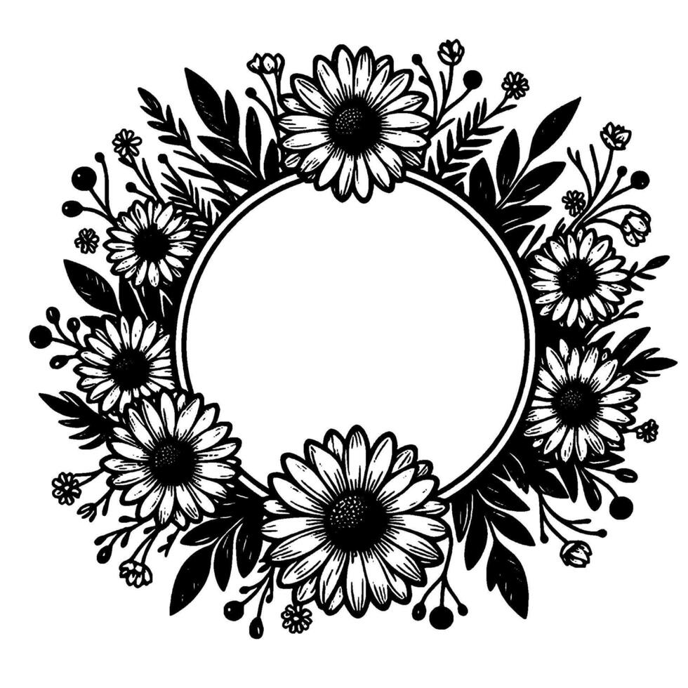 Floral wreath illustration a monochrome artistic composition of daisies, leaves, berries, and decorative foliage enclosing a circular space. vector