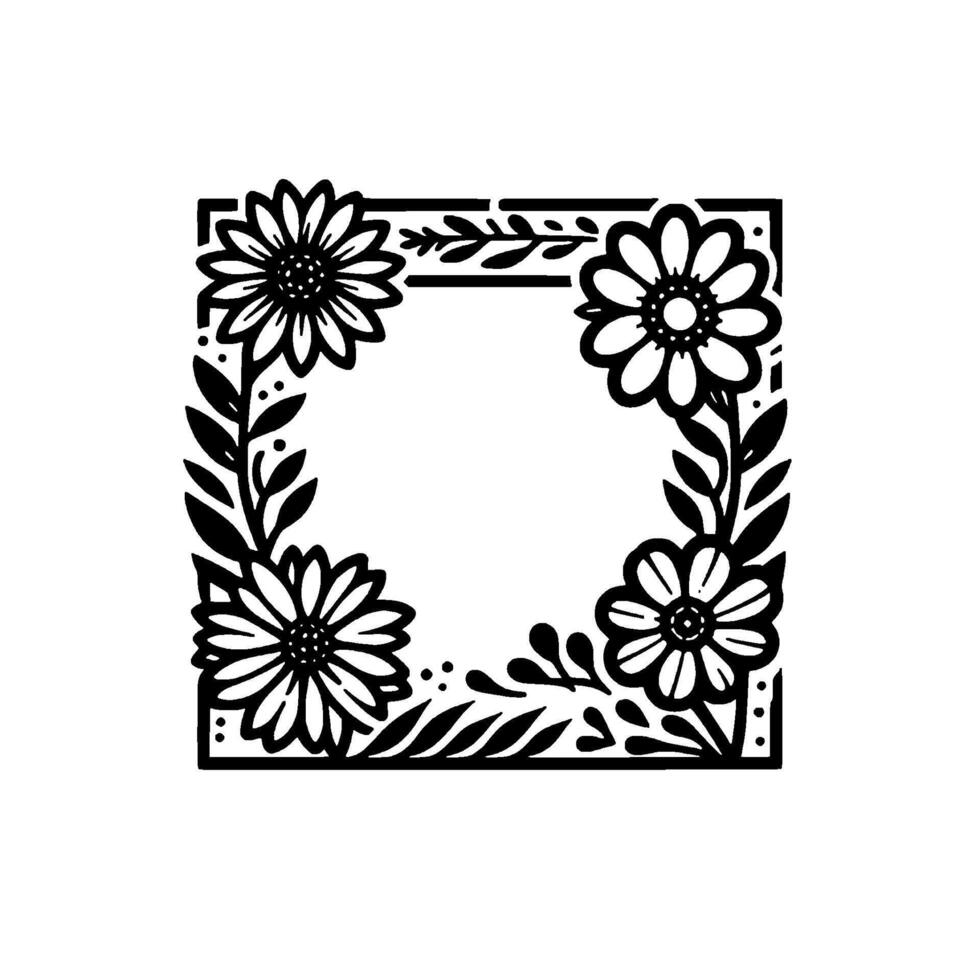 Floral square frame black and white illustration with detailed flowers, leaves, and delicate botanical elements in minimalist design. vector
