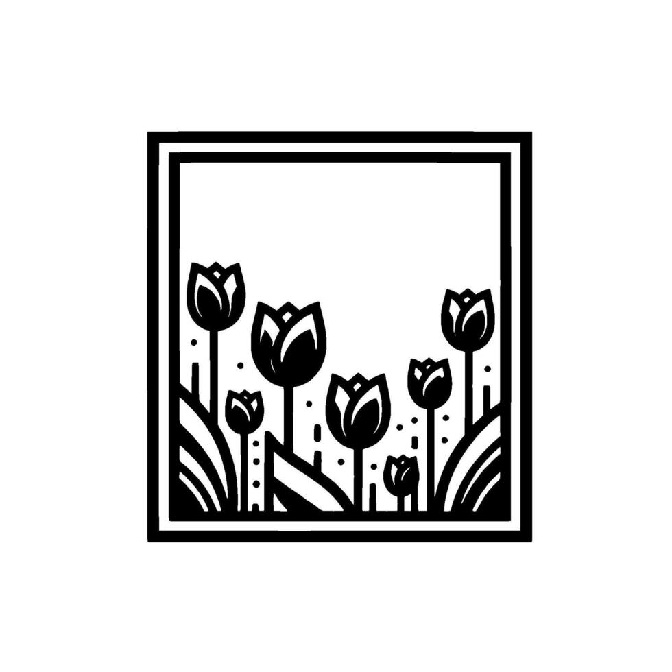 Minimalist black and white tulip garden in a square frame illustration, evoking serenity and floral elegance. vector
