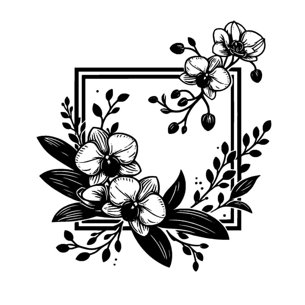 Elegant black and white floral illustration featuring orchids and foliage, framed within a square, perfect for aesthetics. vector