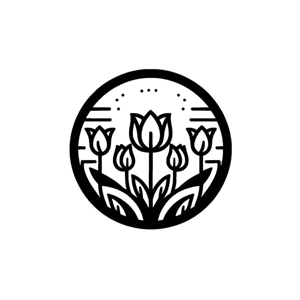 Circular monochromatic illustration of tulip flowers in full bloom and budding, enclosed in a geometric black and white decorative border. vector