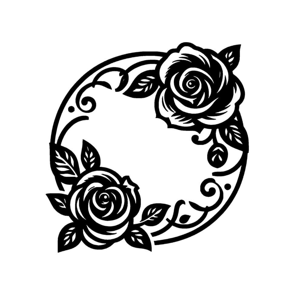 Elegant black and white floral circle with two roses and decorative leafy elements, minimalist art. vector