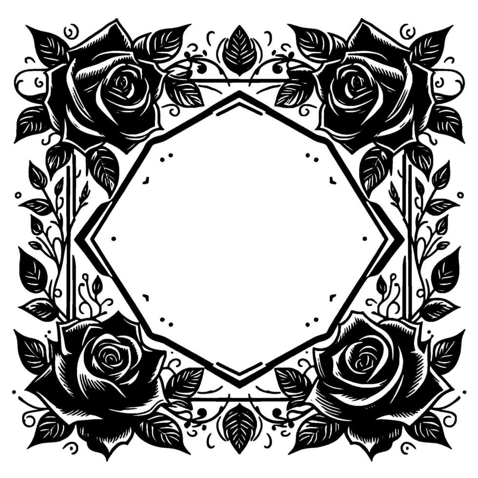 Ornate black and white rose floral frame with geometric border, elegant invitation design. vector