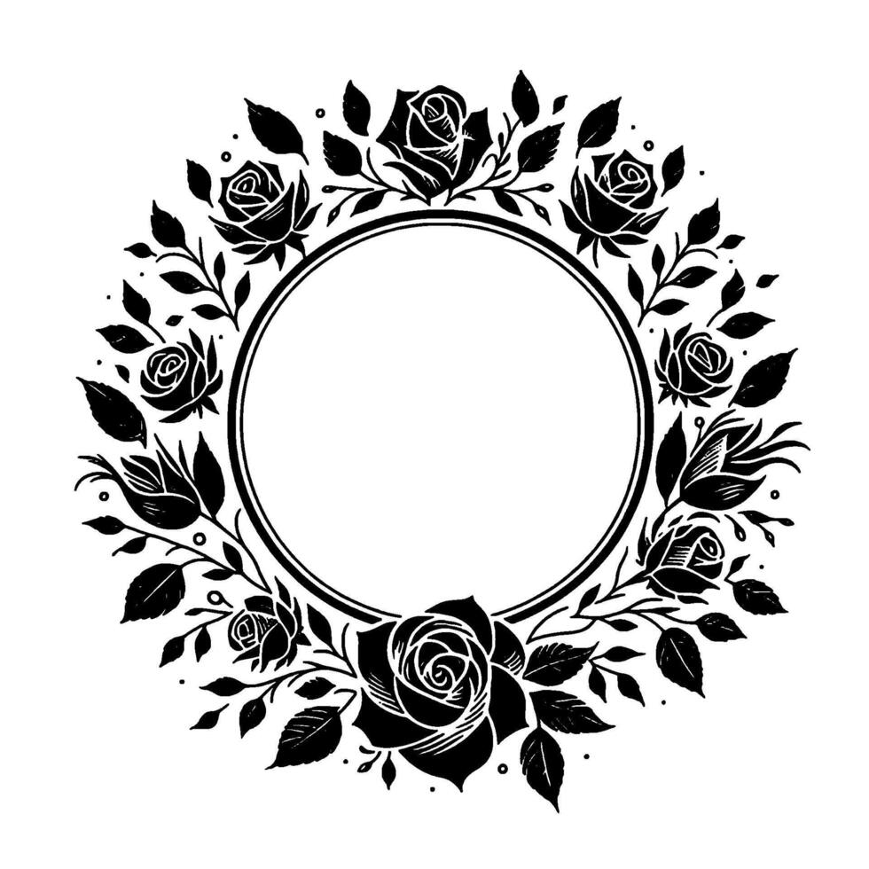 Elegant black white circular floral frame embellished with roses and foliage, featuring a blank center circle on white backdrop. vector