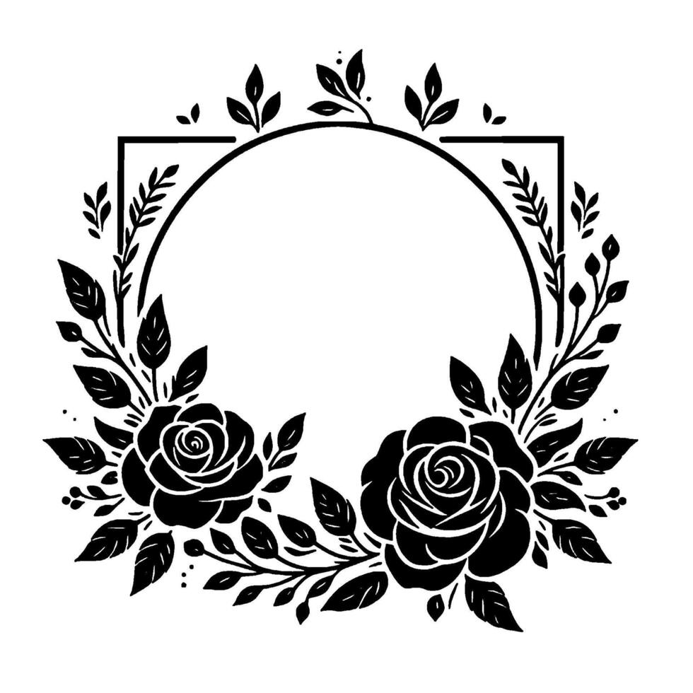 Elegant black and white floral frame with roses, leaves, and branches, circular and square vector