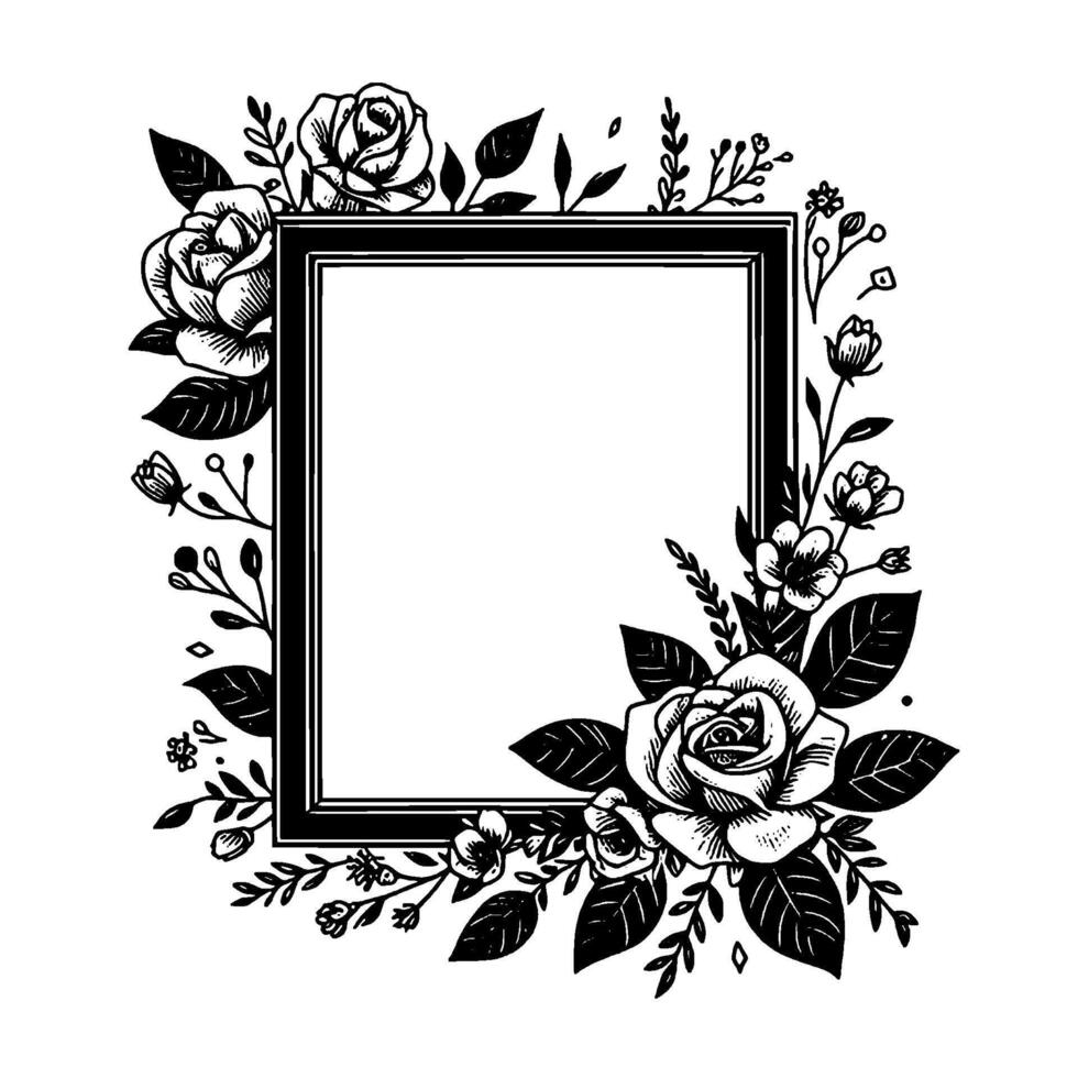 Elegant black and white floral frame border with detailed roses, leaves, and delicate botanical elements on white background. vector