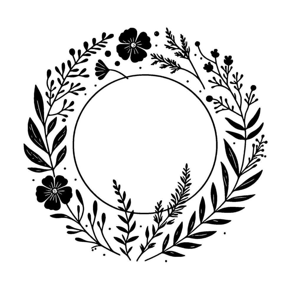 Simple black and white floral wreath illustration featuring various leaves and flower designs framing a blank circular space for text or imagery. vector