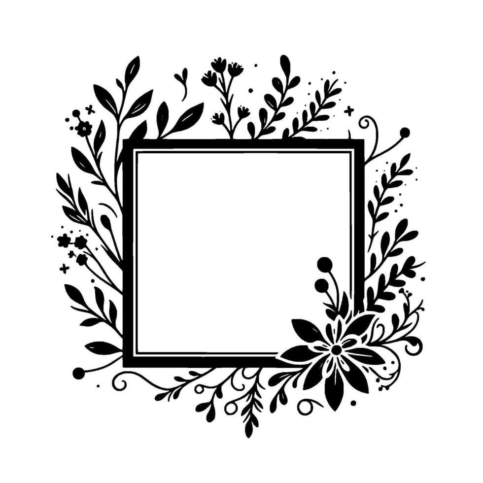 A floral frame illustration in black and white, featuring stylized leaves, flowers, and botanical elements arranged around a square center, suitable for invitations or templates. vector