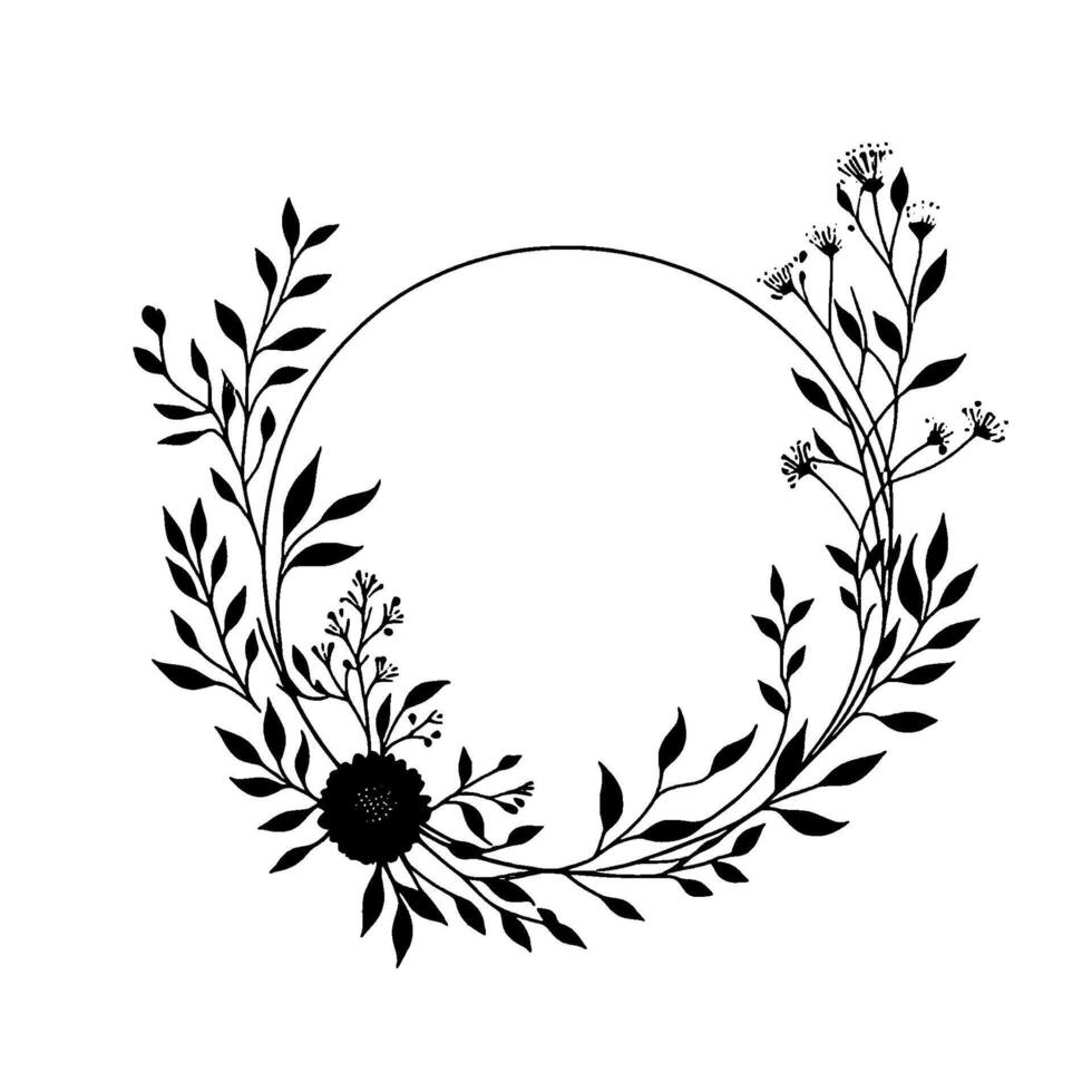 Elegant minimalist black floral wreath with a central open circle, perfect for invitations and decorative art on a white backdrop. vector
