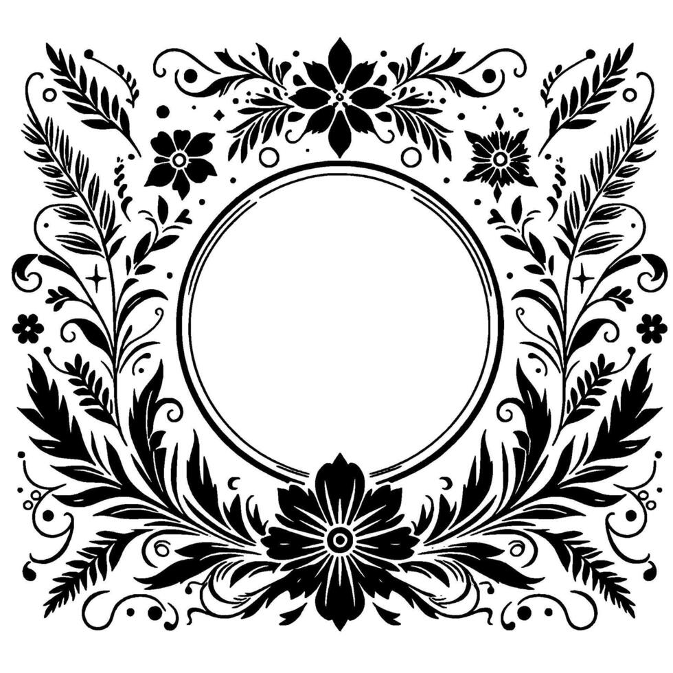 Elegant black and white floral frame with circular center, perfect for invitations, designs, and decorative elements. vector