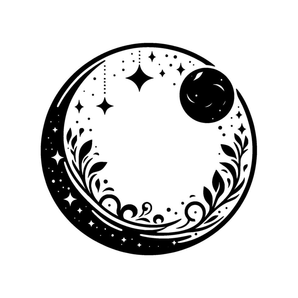 Celestial monochromatic illustration crescent moon, stars, and floral embellishments in a circular design. vector