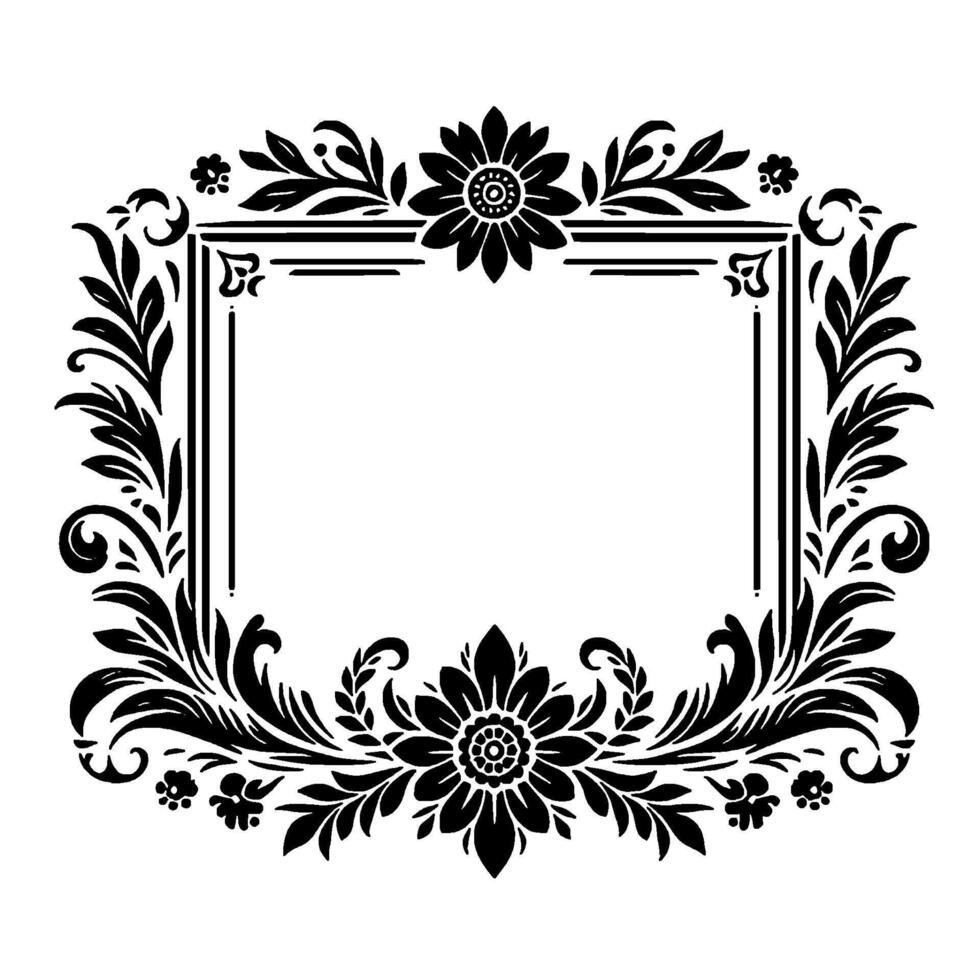 Elegant black floral rectangular frame with detailed botanical and ornamental for invitations and decorative purposes, art. vector