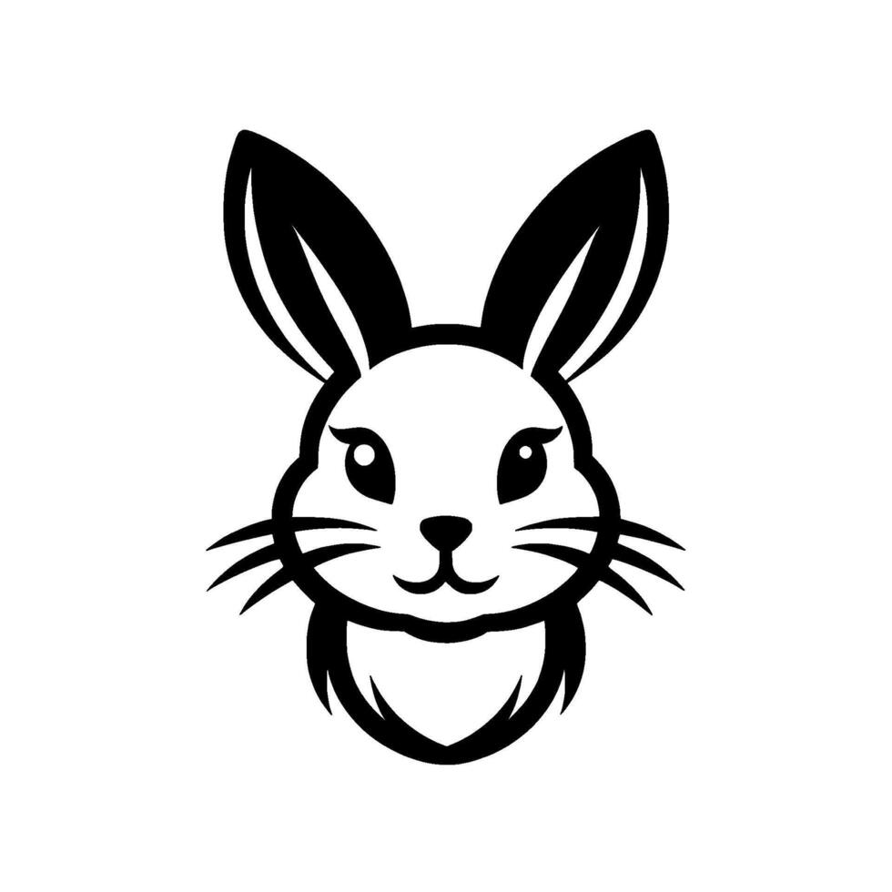 A minimalist monochrome illustration of an adorable rabbit head, featuring large expressive eyes, whiskers, and long ears, on a clean white background. vector