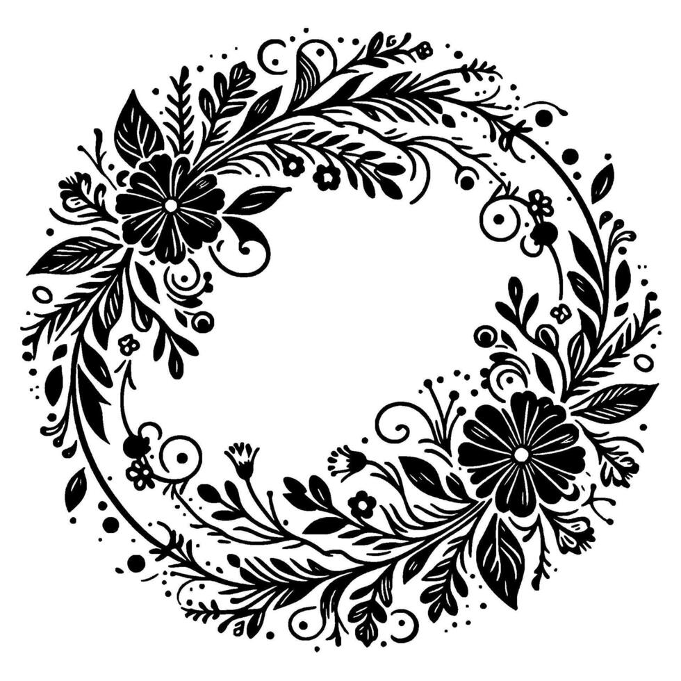 Intricate black and white floral wreath design, featuring detailed leaves, flowers, and ornate curls surrounding a circular blank space. vector
