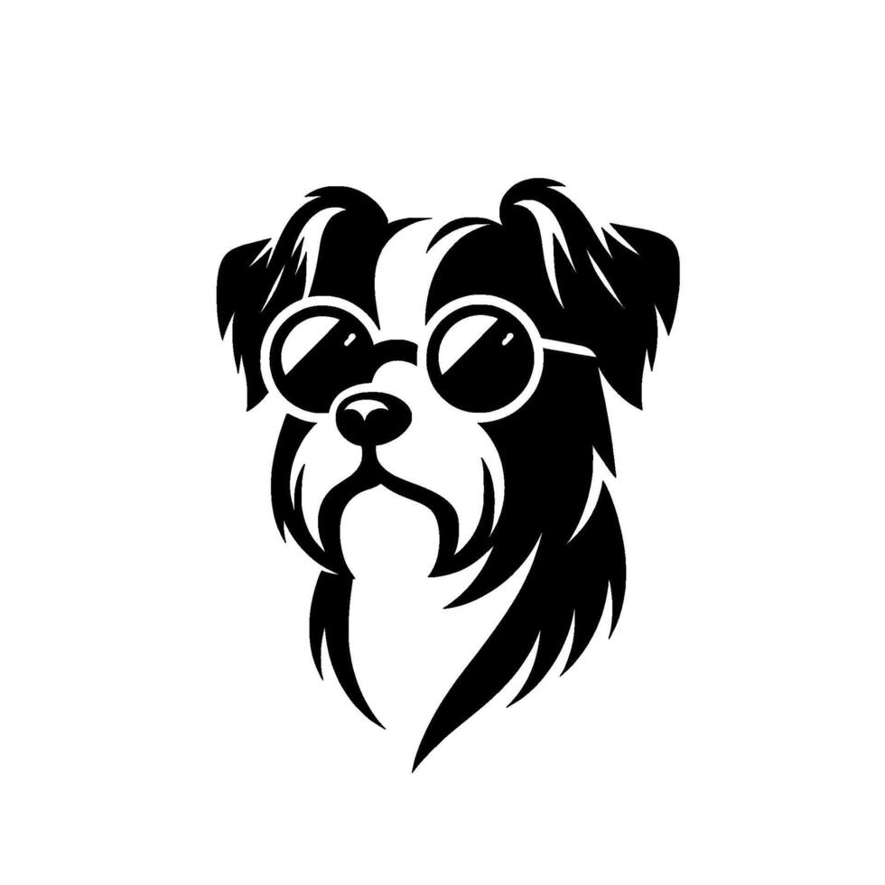 Stylish black and white dog portrait wearing round glasses, minimalist design, posh canine illustration on white backdrop. vector