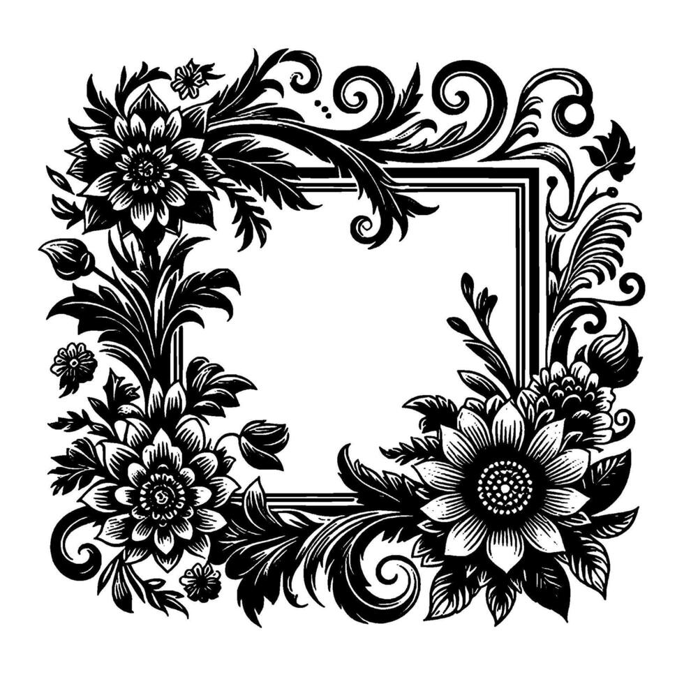Detailed black and white floral border, intricate botanical illustration with decorative blooms and elegant frame, ornate design. vector