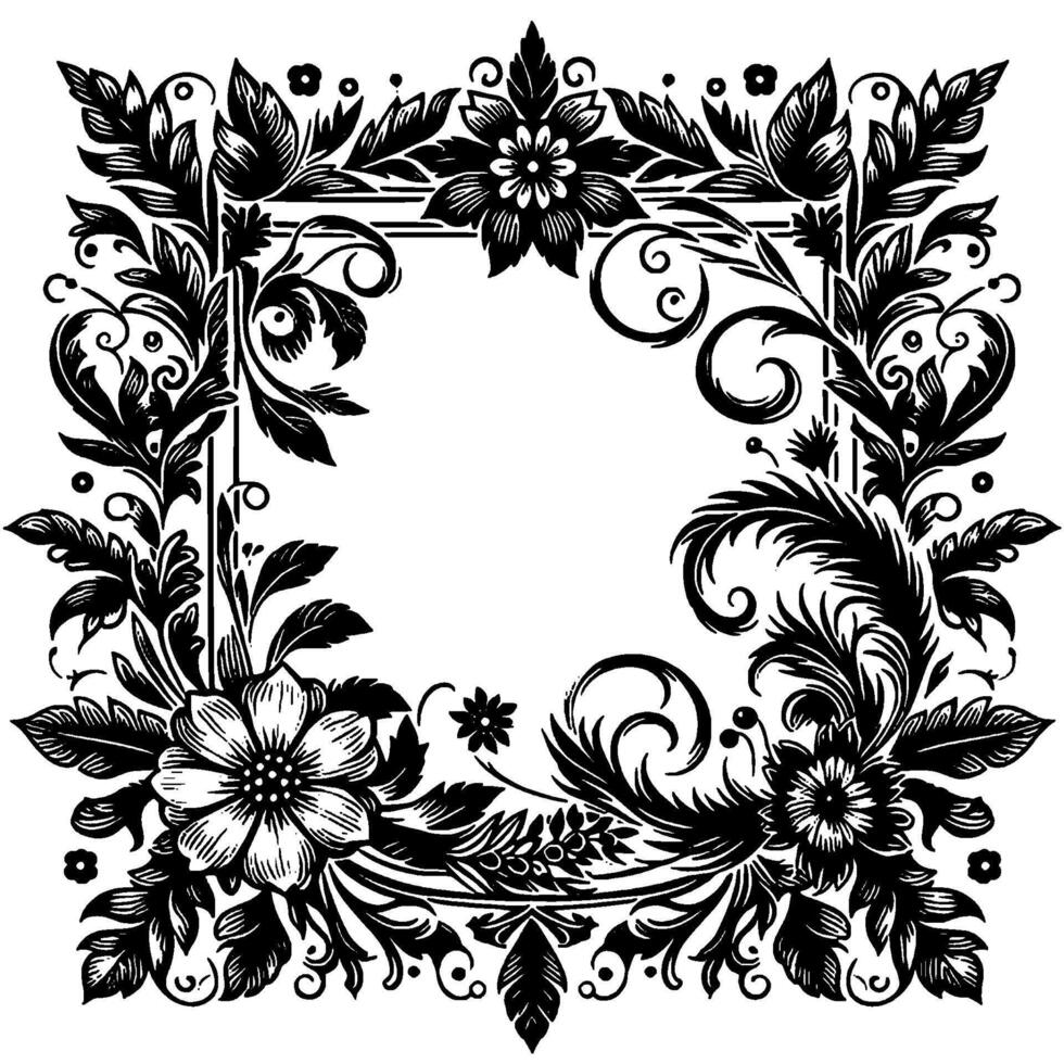 Intricate black and white floral border elegant botanical frame with detailed petals, leaves, and spirals, decorative and ornate design. vector