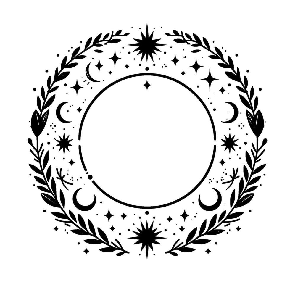 Celestial botanical wreath black and white illustration featuring crescent moons, stars, foliage, and a central empty circle, perfect for invitations or designs. vector