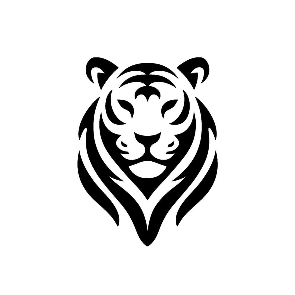 Bold tiger head illustration simplified black white with striking contrast and strong geometric pattern on white background. vector