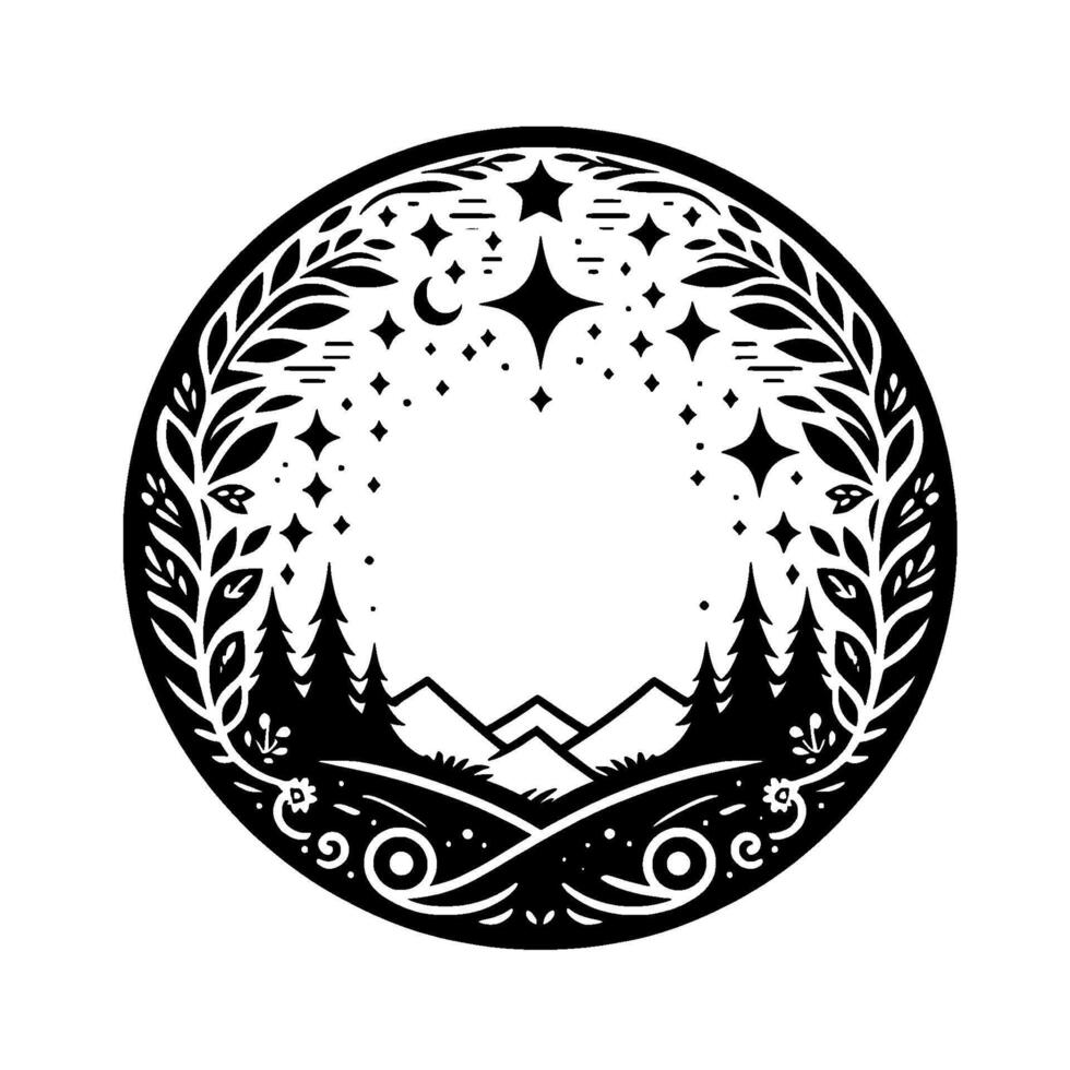 Black and white circular illustration mountainous landscape, forest, starry night, floral wreath, moon, minimalist design. vector