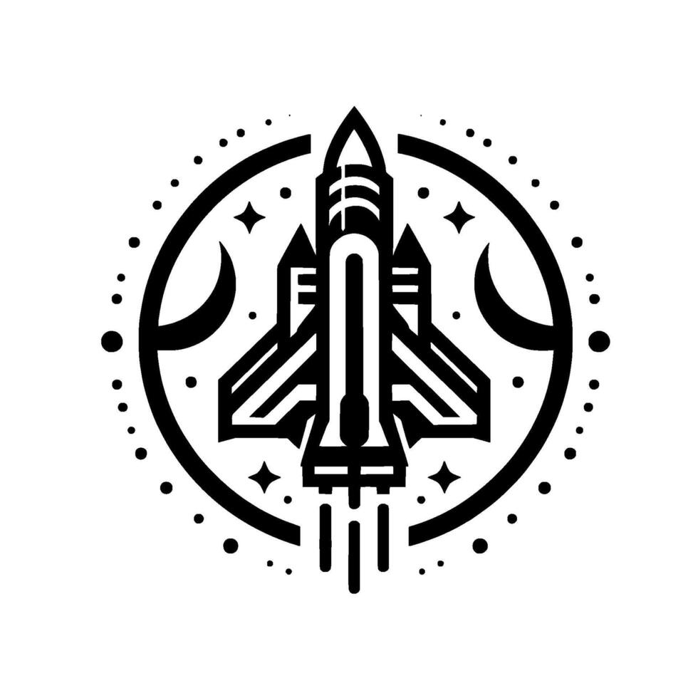 Black and white geometric space shuttle inside a circle with moons, stars, and dots, representing space travel and exploration. vector