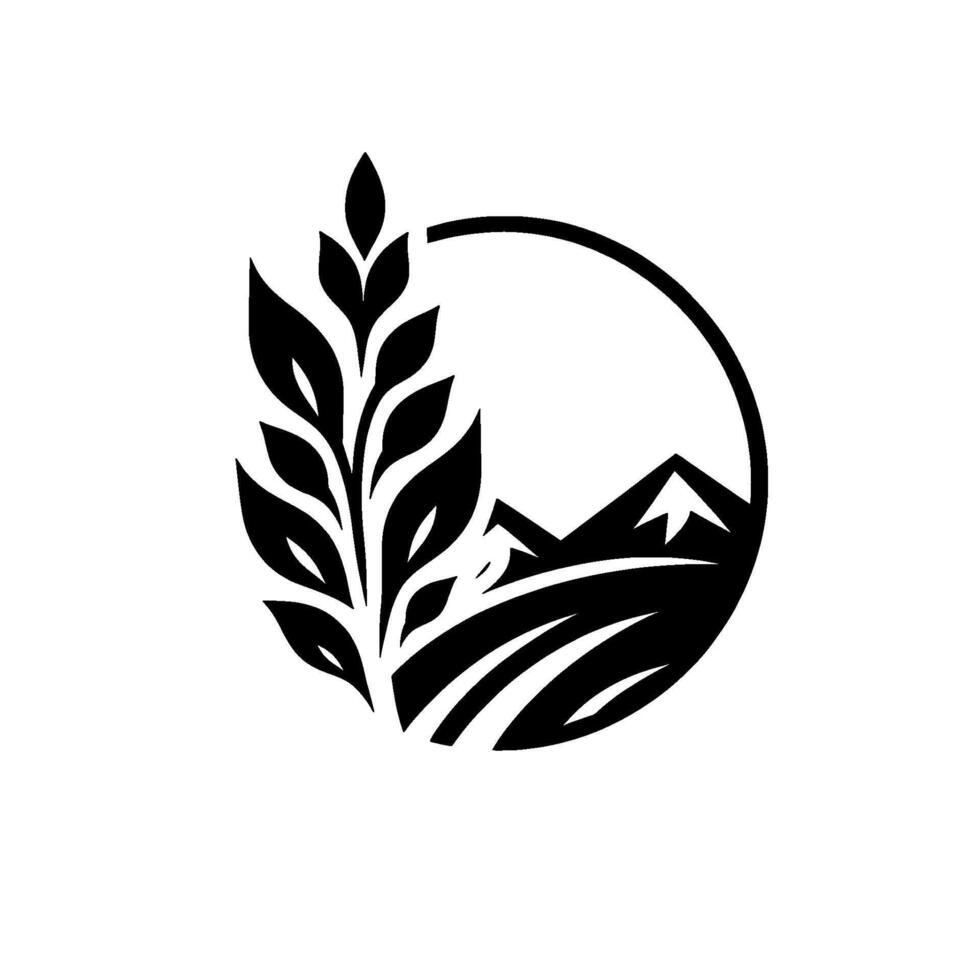 Stylized black white logo wheat stalk, mountains, fields within a circle, represents agriculture and natural beauty. vector