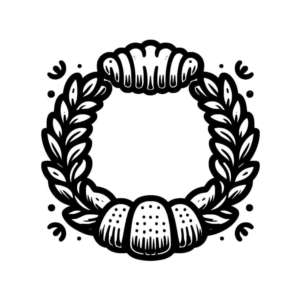 Intricate black white floral wreath with leafy branches, croissants, and berries on a blank white background. vector