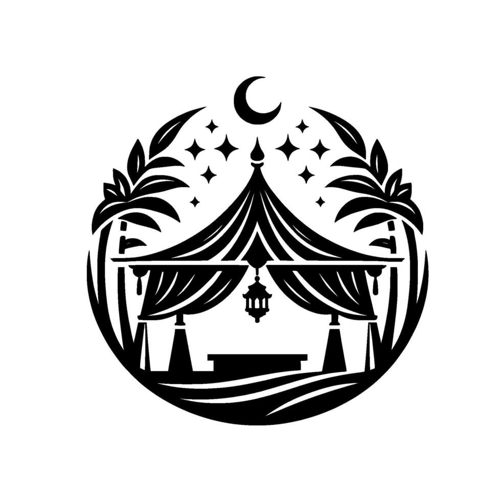 An ornate black and white circular illustration depicting a stylized arabic tent under a crescent moon and stars, flanked by palm trees. vector
