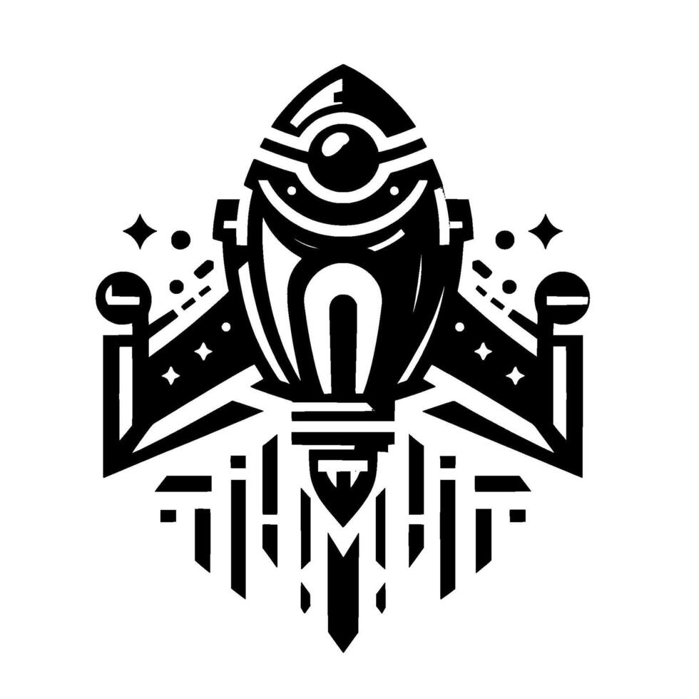 Stylized black and white rocket ship with geometric shapes, stars, and decorative elements on white background. vector