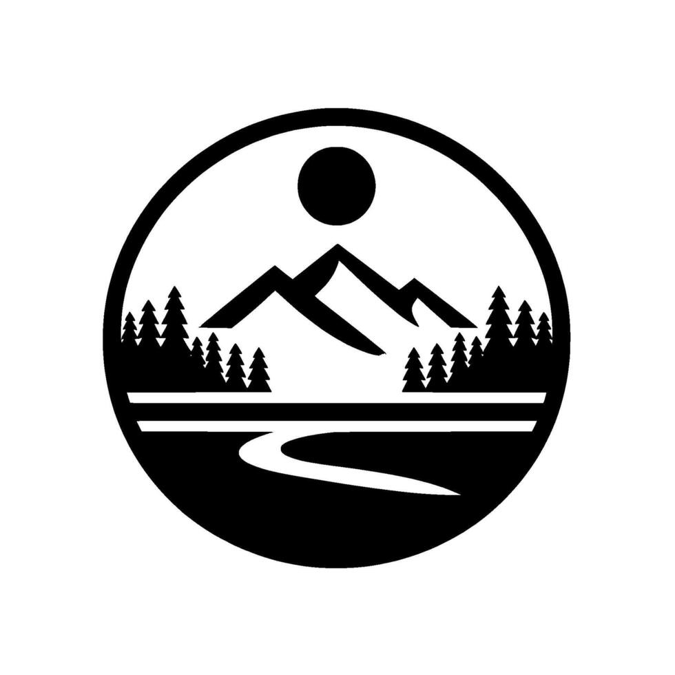 Black and white circular landscape mountains, pine trees, river, and sun illustration within a circle, nature, minimalist design. vector