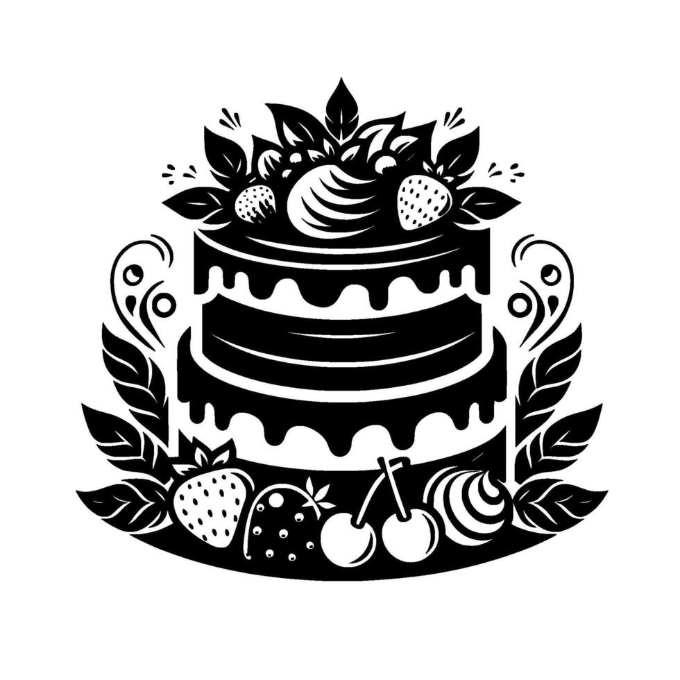 Twotiered monochrome cake illustration with strawberries, cherries, and ornate leaves, evoking celebration and festivity. vector