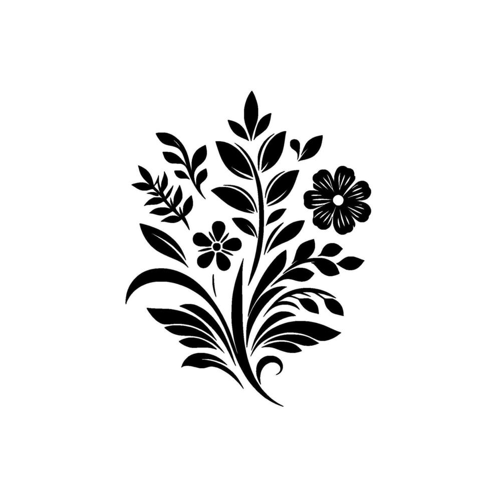 A bold monochrome floral composed of flowers, leaves, and branches, showcasing elegant symmetry against a pure white backdrop. vector