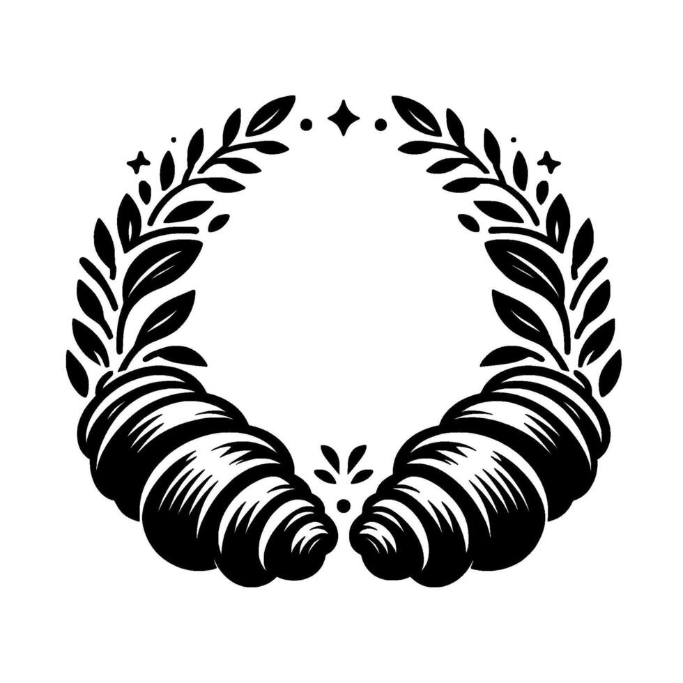 Elegant black and white illustration croissant and laurel wreath with subtle star accents on a white backdrop. vector
