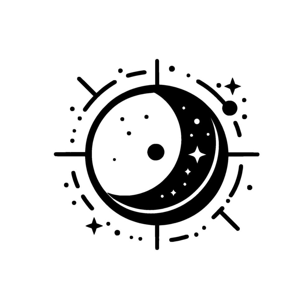 Mystical black white celestial emblem moon, stars, and ornate crosshair for spiritual symbolism. vector