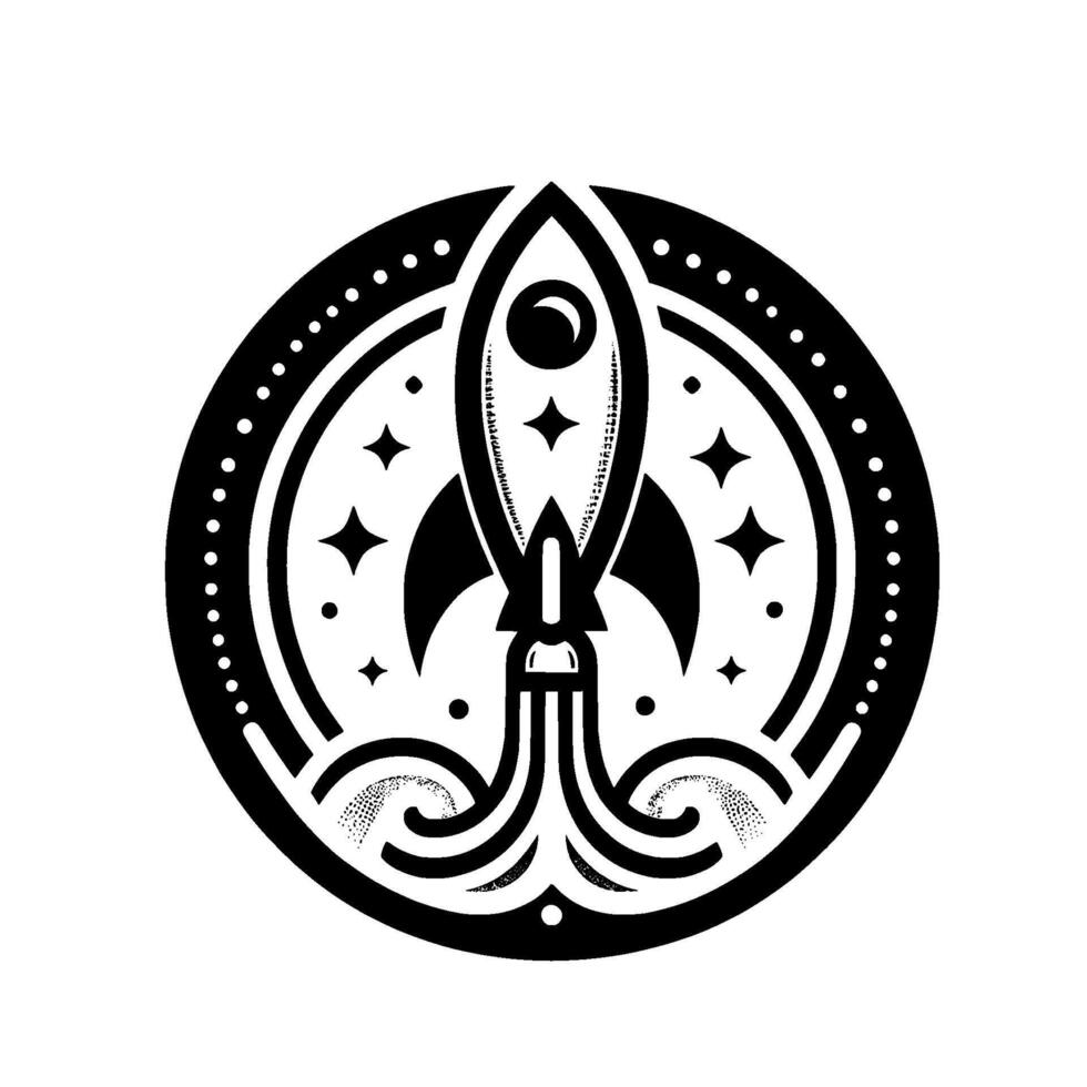 Black and white retro space rocket illustration within circular emblem, dot border, star accents, launch theme vector