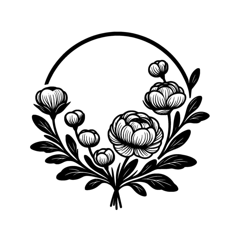 Elegant black and white floral wreath with detailed petals, leaves, and a circular frame on white background. vector