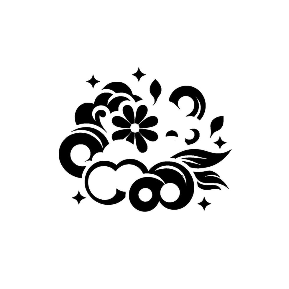 Stylized black, gray, and white floral with swirls, clouds, leaves, and sparkles on a white background. vector