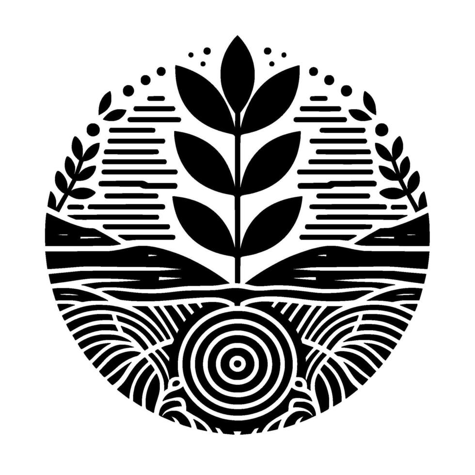 A monochromatic, circular showcasing stylized nature foliage, landscape elements, and layered patterns in black against a white background. vector