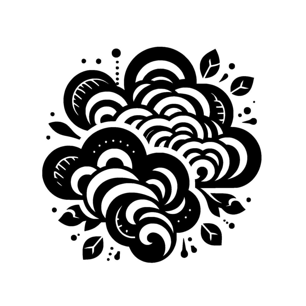 Abstract monochrome design stylized floral cluster of swirls, arcs, leaves, and dots on a white background. vector