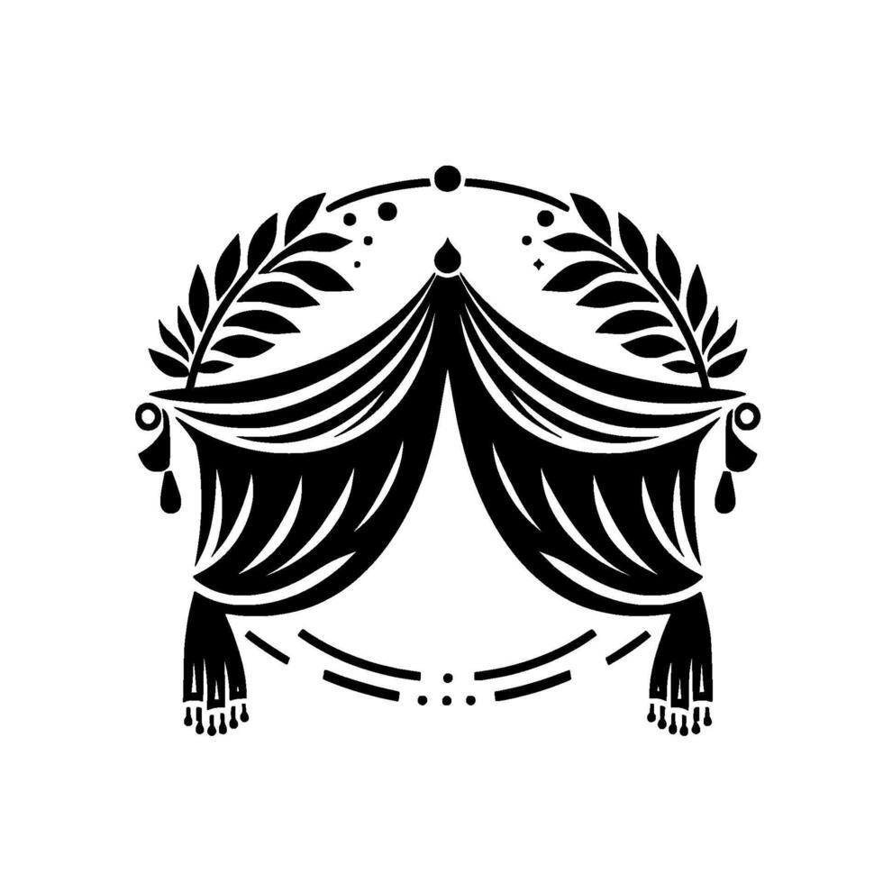 Ornate black white illustration of curtained canopy with laurel wreath, dotted accents, and circular decorative border. vector