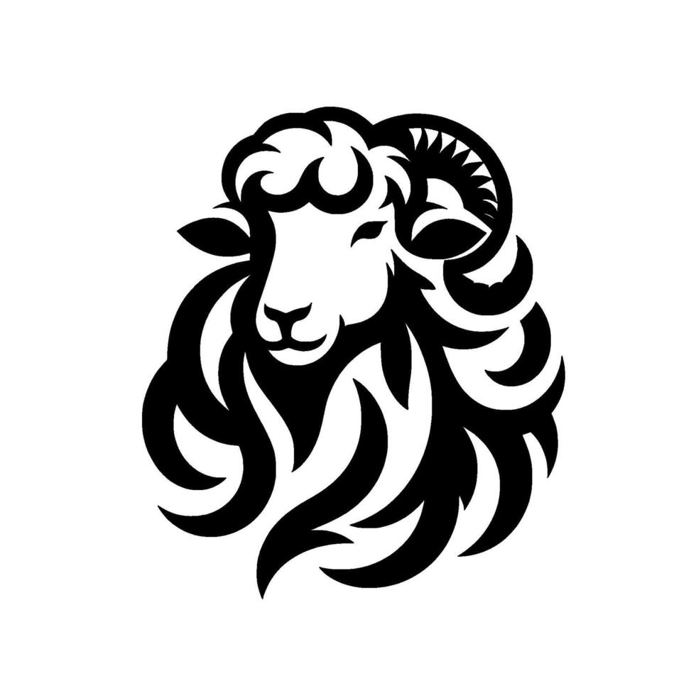 Bold black and white stylized ram head silhouette, featuring curly wool and prominent horns, isolated on a white background. vector