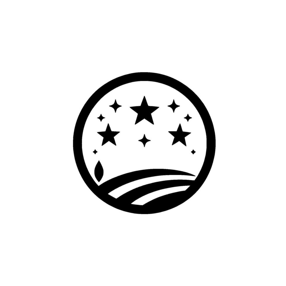 Minimalist black white emblem stars over fields, leaf shape within a circular frame, representing growth and aspiration. vector
