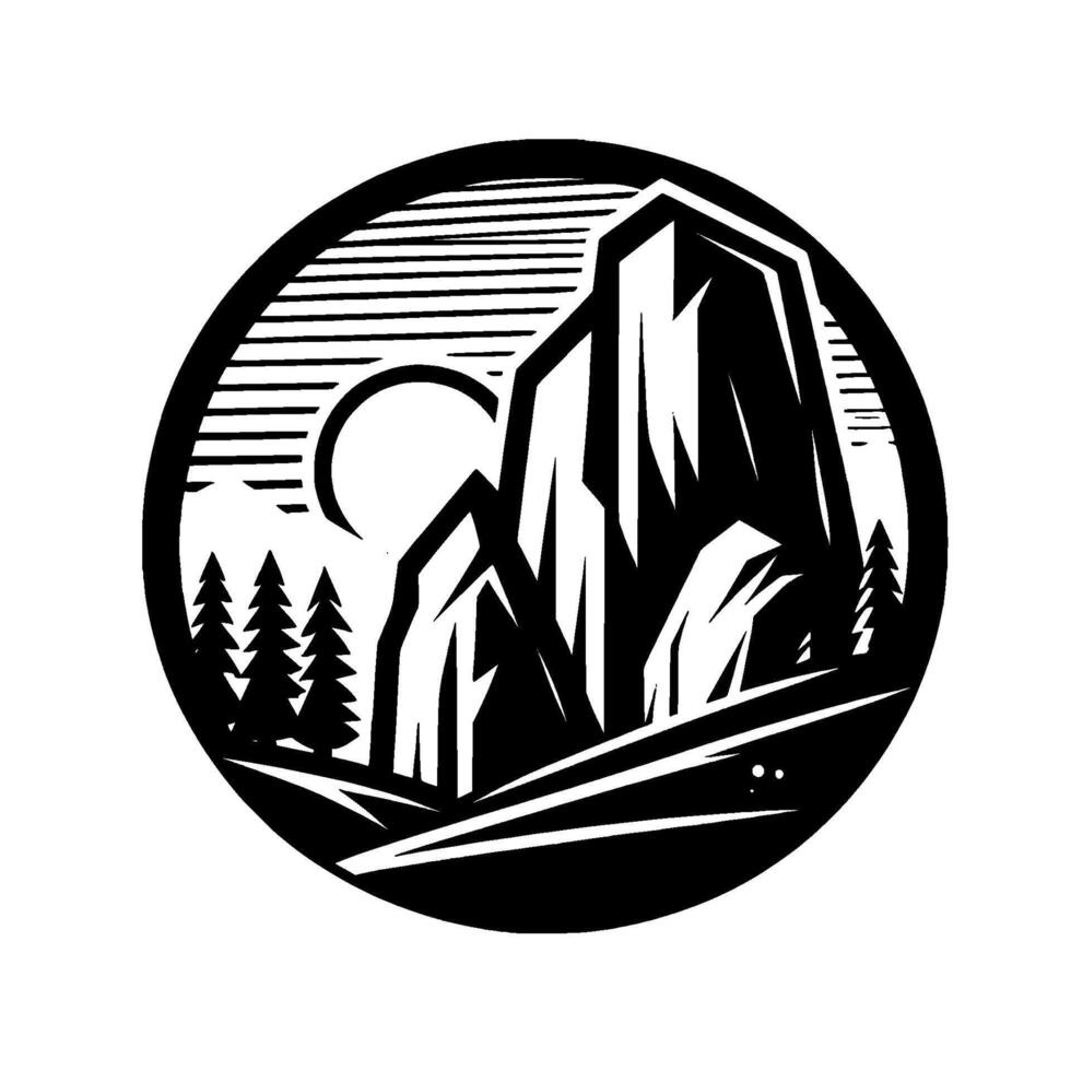 Bold black and white circular mountain landscape emblem peaks, trees, and sun silhouette, wilderness scene. vector