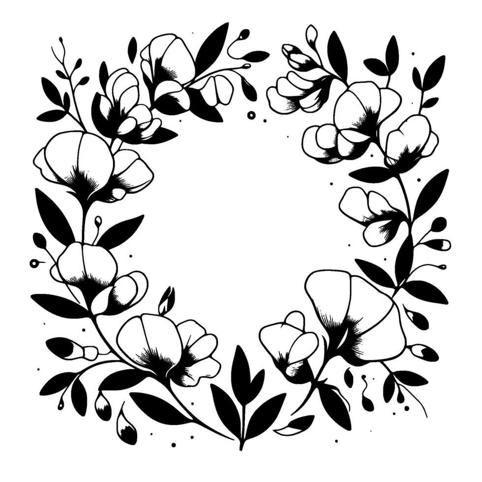 Intricate black and white floral wreath design, showcasing stylized blossoms, leaves, and delicate lines in a circular composition. vector
