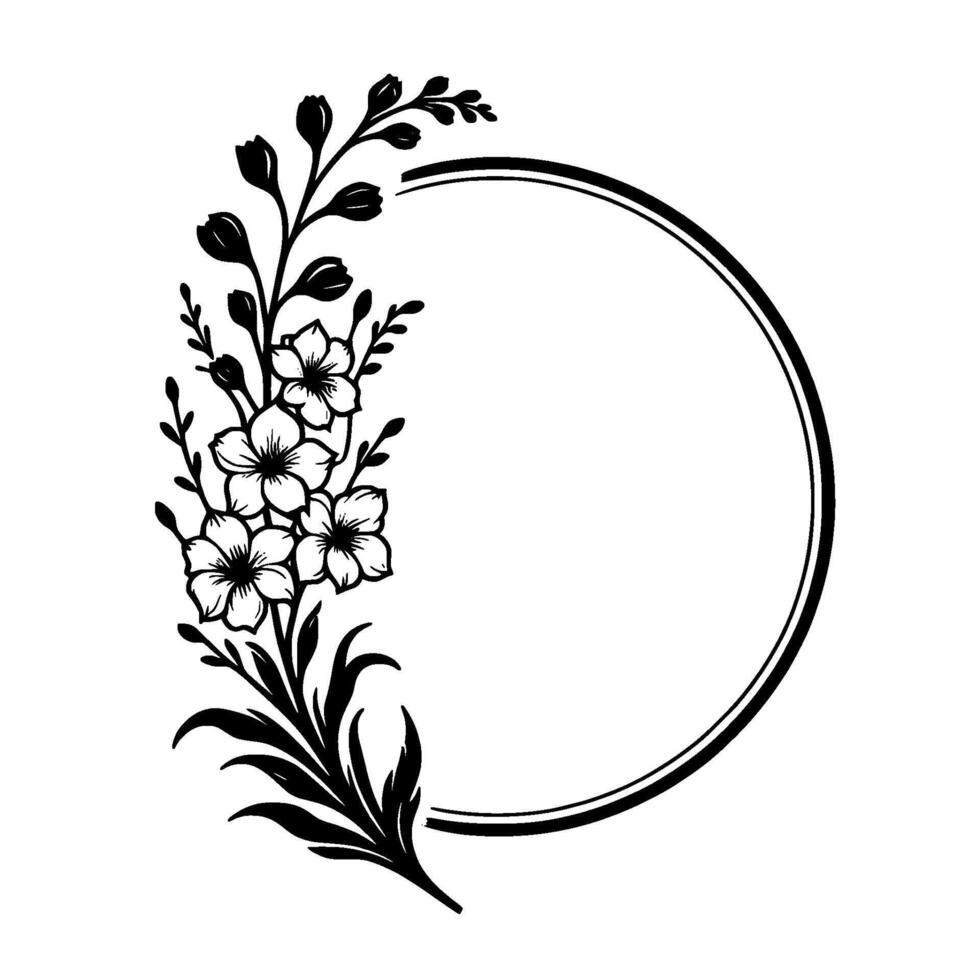 Elegant black and white floral wreath, blossoms framing a circular element with minimalist style, perfect for invitation or decorative use. vector