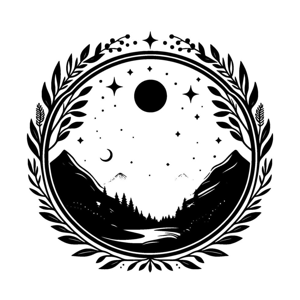 Circular monochrome illustration of a moonlit mountain landscape with stars, crescent, a forest, and a decorative laurel wreath. vector