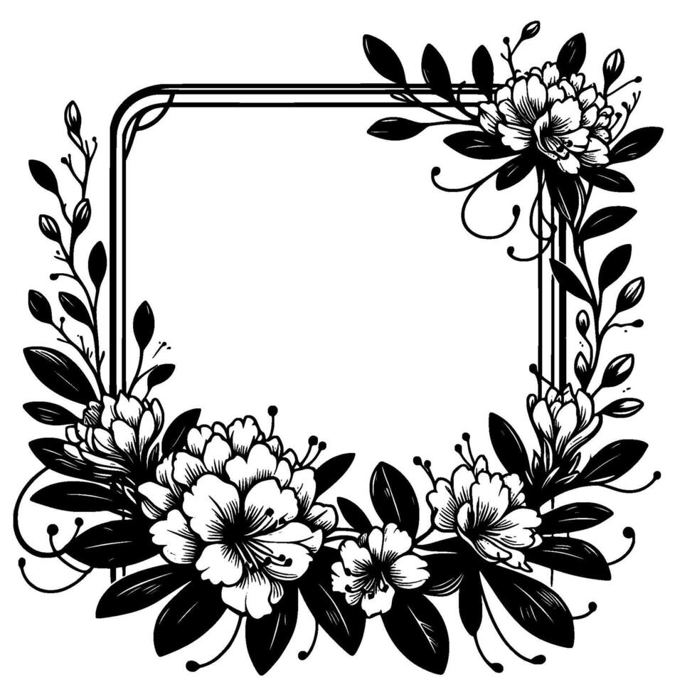 Elegant black and white floral frame a symmetrical square border with stylized peonies, leaves, and sprigs, perfect for invitations. vector